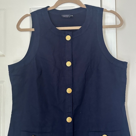 Vineyard Vines Linen Gold Button Front Shift Dress Nautical Navy Size Medium M - Picture 2 of 8